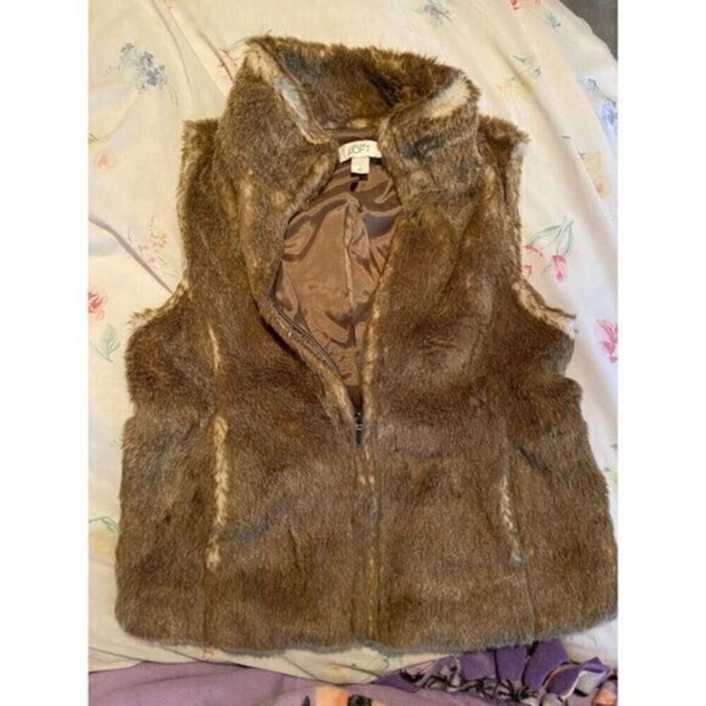 Loft Faux Fur Vest Brown Tan‎ Full Zip Stand Collar Pockets Women's Small